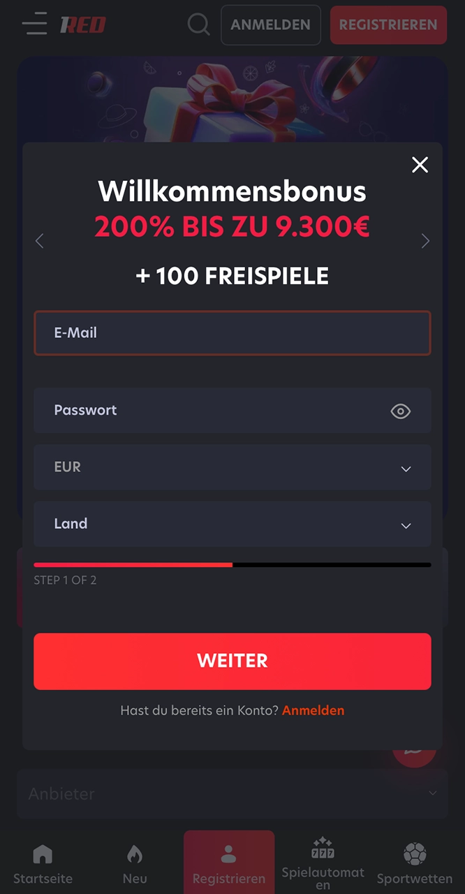 Erstellen Sie sofort ein Konto, nur bei 1Red.