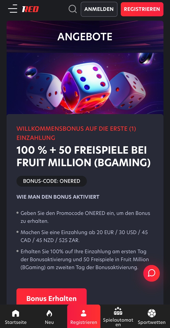 Bei 1Red warten bereits Willkommensboni für Ihre Wetten auf Sie.