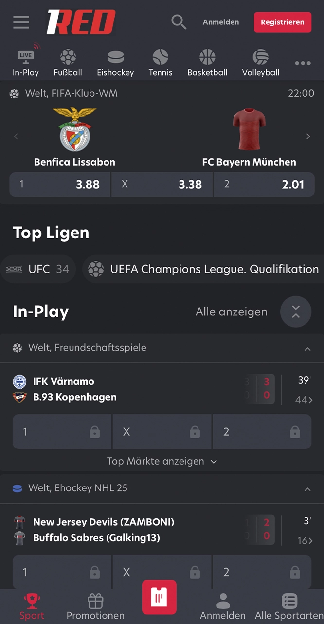 Platzieren Sie Ihre Sportwetten im 1Red-Sportbereich.