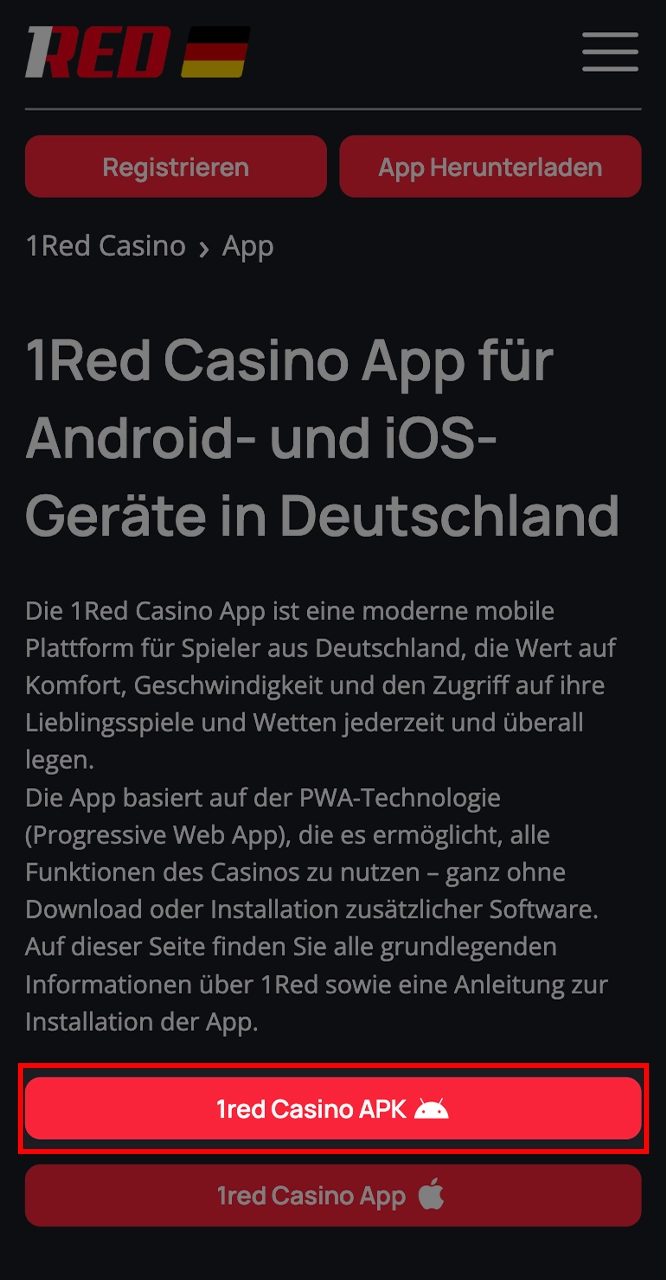 Wählen Sie die Android-Version für die Installation von 1Red.