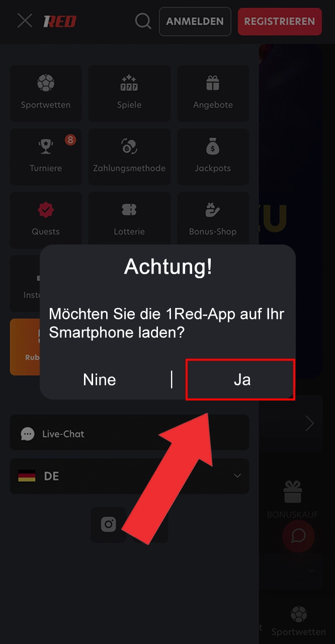 Bestätigen Sie die Installation von 1Red.