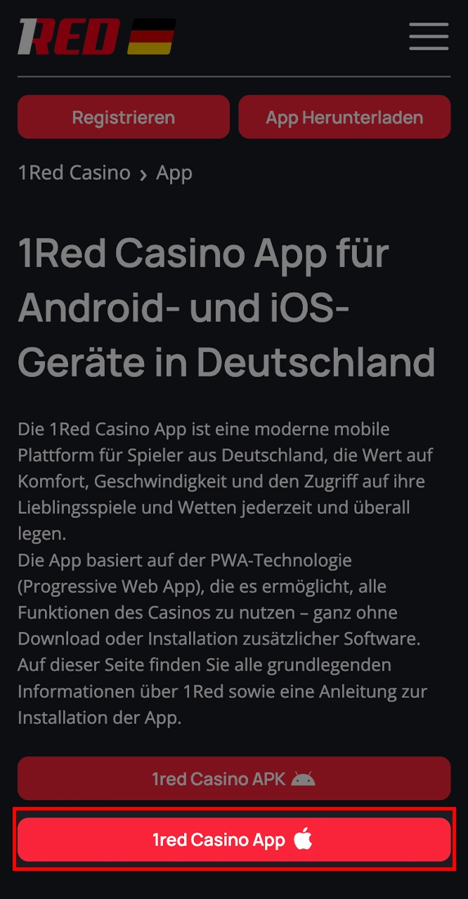 Klicken Sie auf die Schaltfläche mit der iOS 1Red-Version.