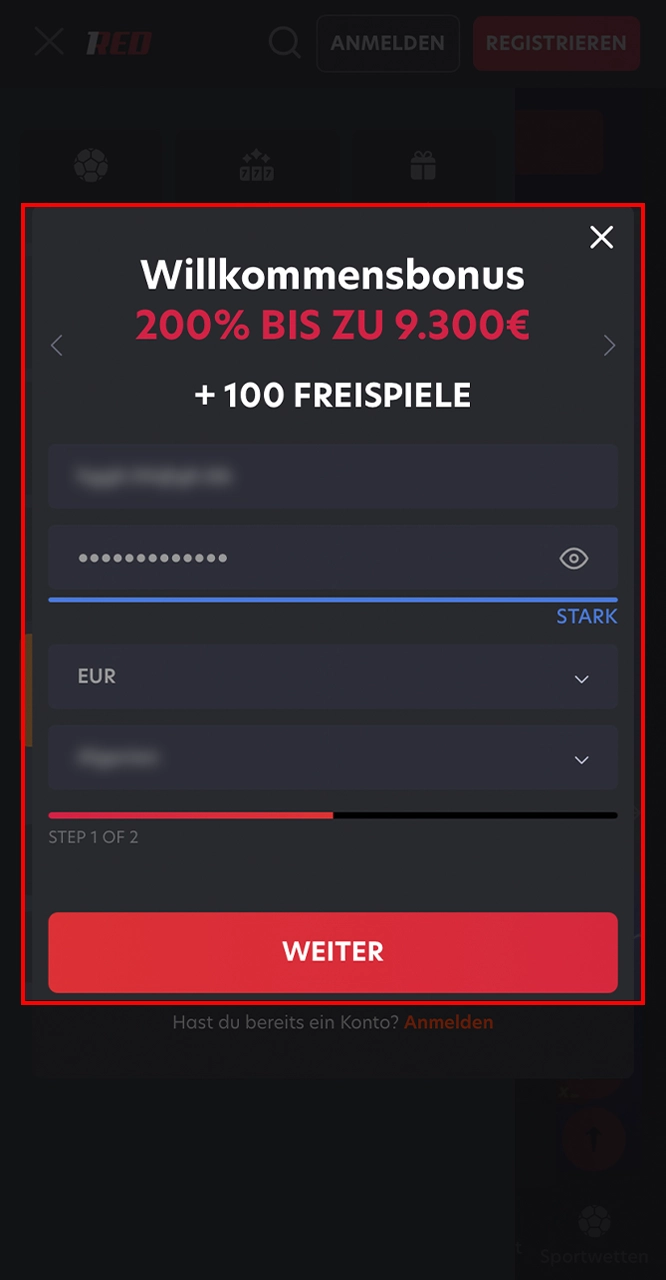 Öffnen Sie die App und gehen Sie zu Ihrem 1Red-Konto.