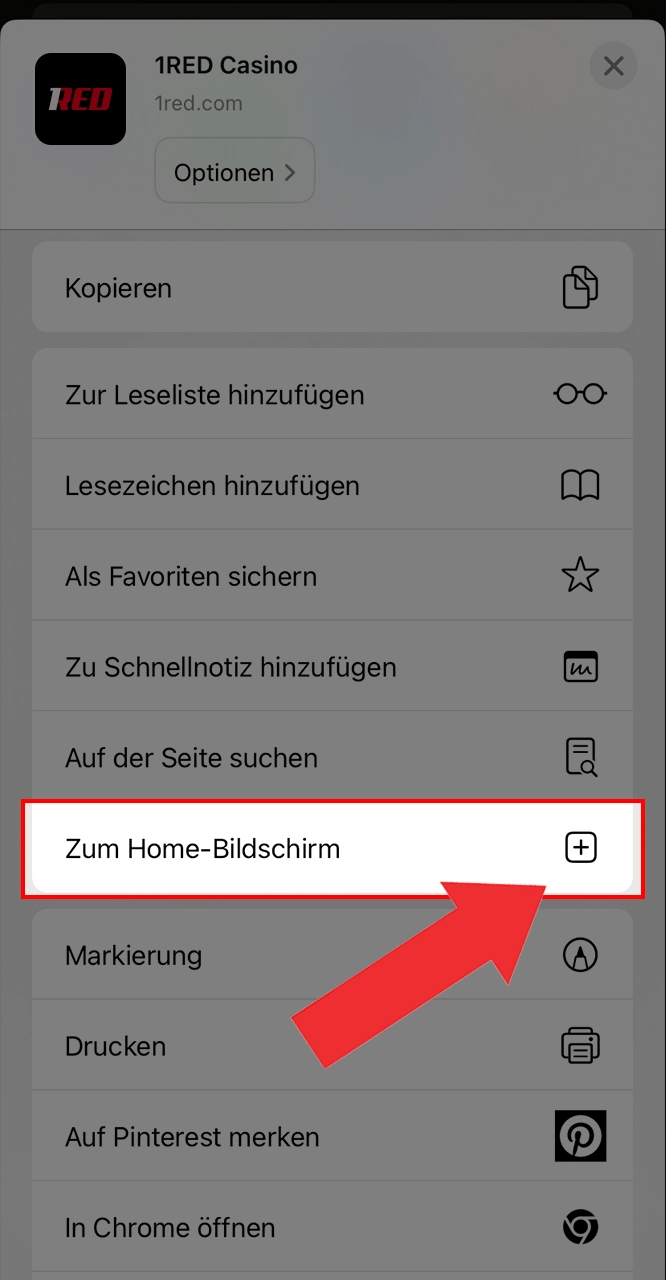 Fügen Sie die 1Red-App zu Ihrem Startbildschirm hinzu.
