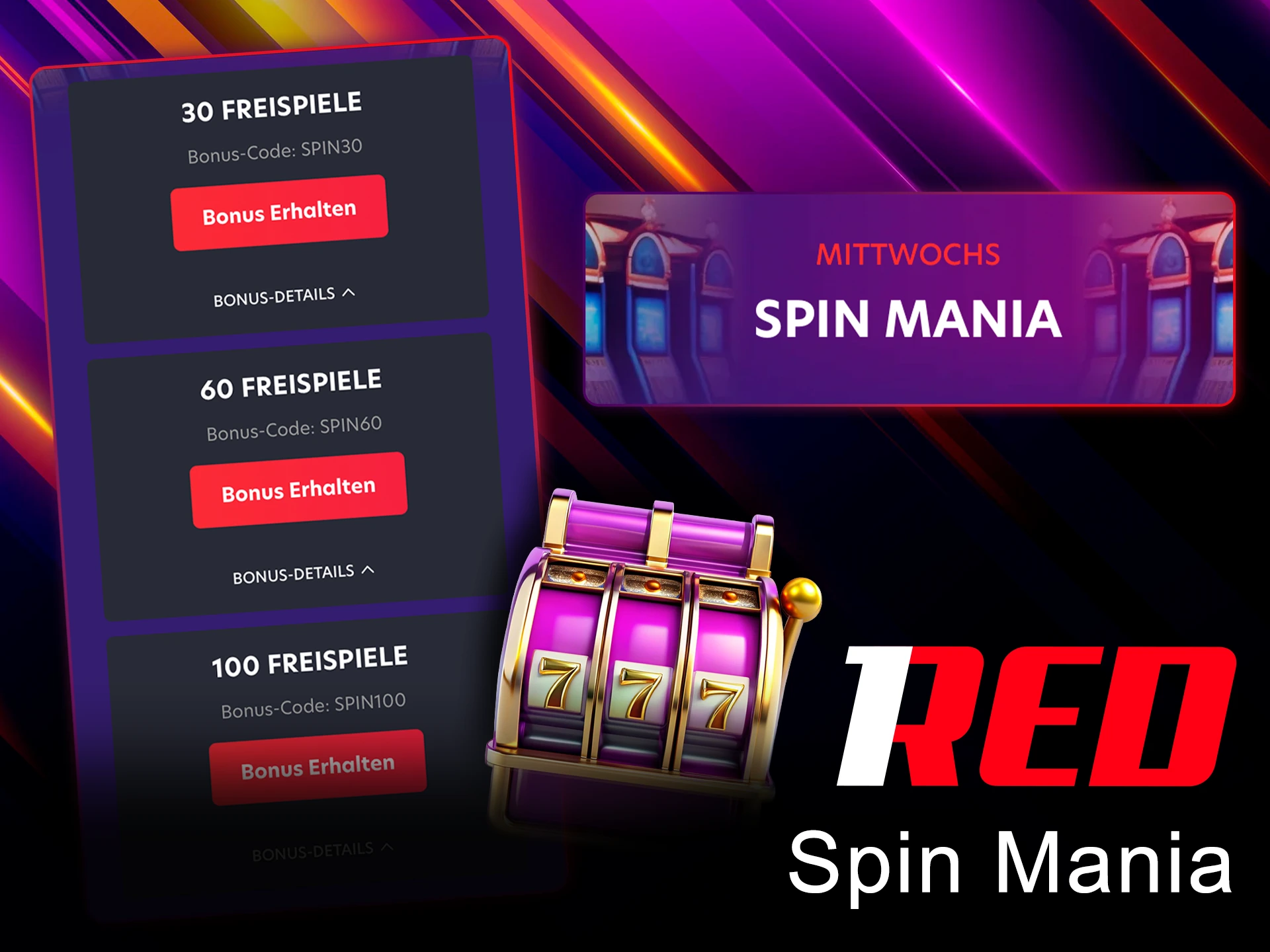 Verpassen Sie nicht die Spin Mania-Bonusse von 1Red an bestimmten Tagen.