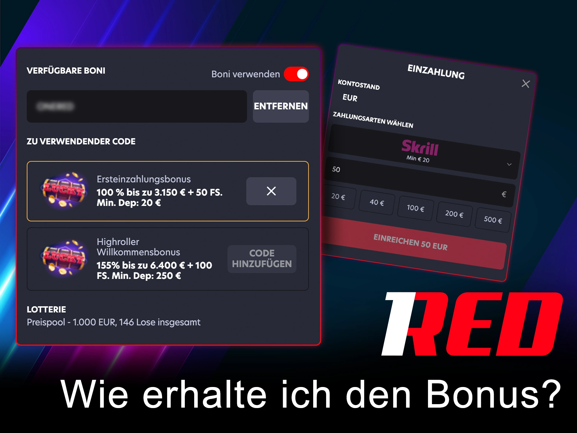 Verwenden Sie Aufladungen, um Boni bei 1Red zu verdienen.