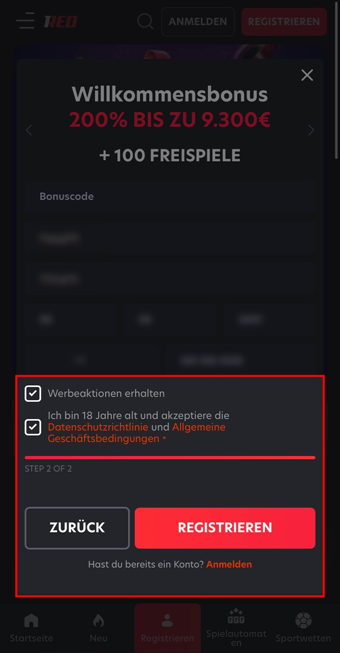 Lesen Sie die 1Red-Regeln und schließen Sie Ihre Anmeldung ab.