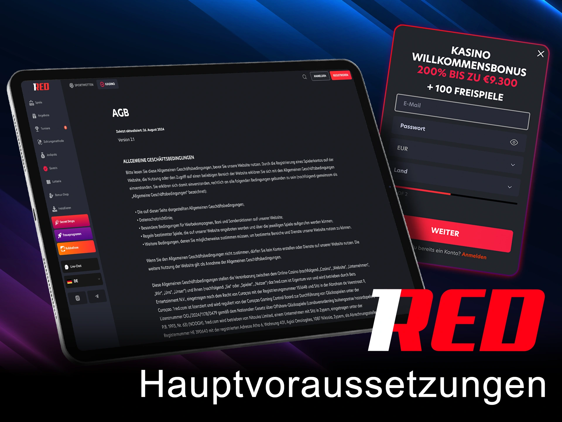 Lesen Sie die Allgemeinen Geschäftsbedingungen, bevor Sie sich bei 1Red anmelden.