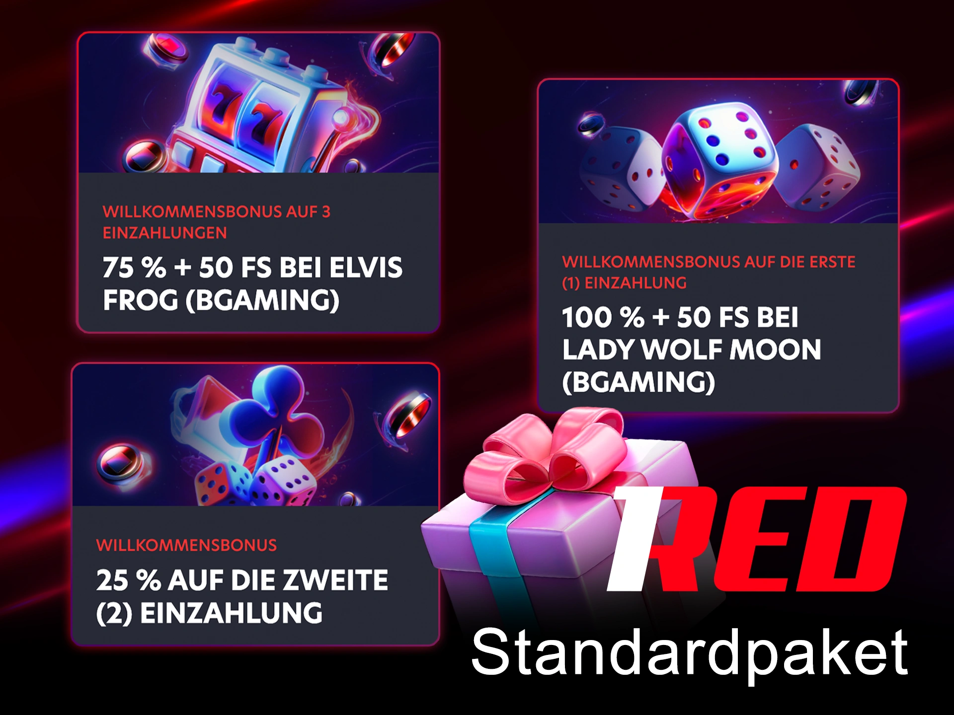 Wählen Sie einen Bonus aus dem Standard-Bonuspaket bei 1Red.