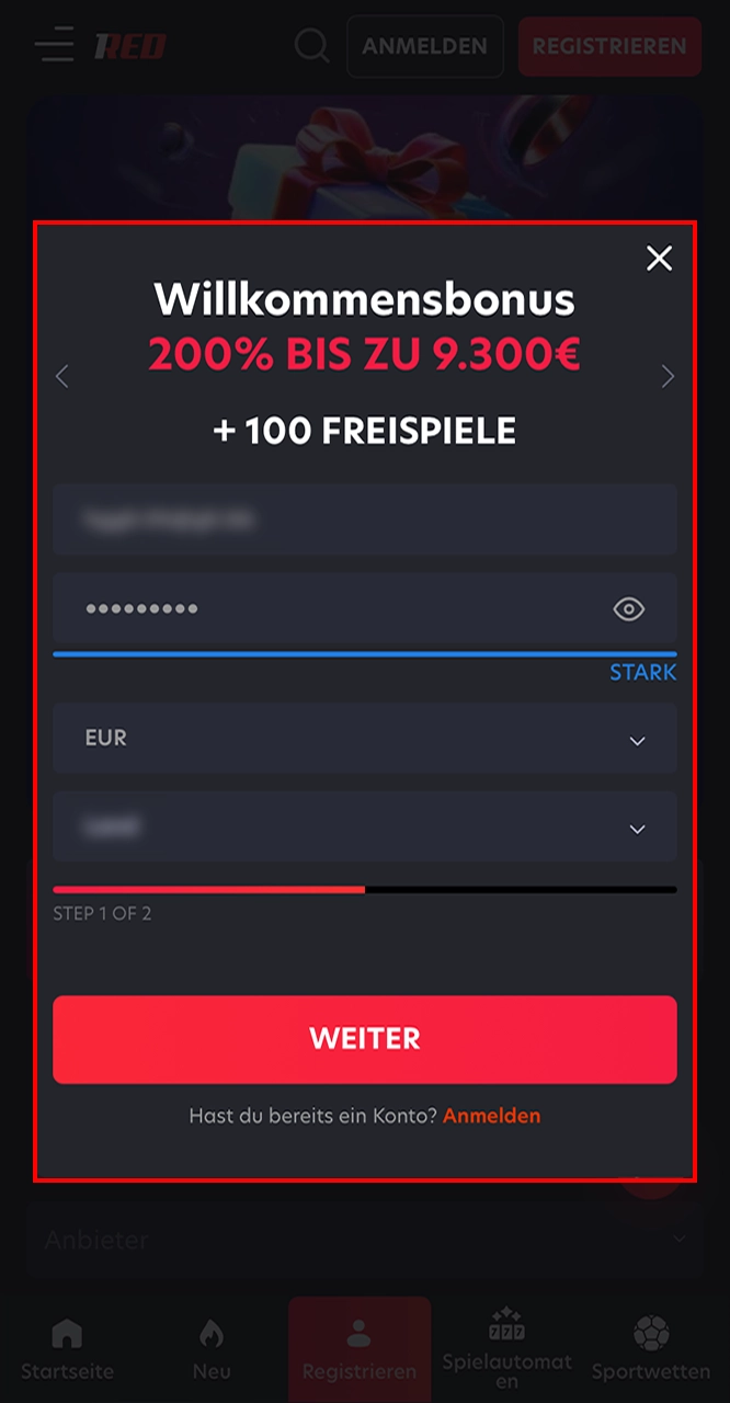 Füllen Sie die erforderlichen Informationen aus, um sich bei 1Red zu registrieren.