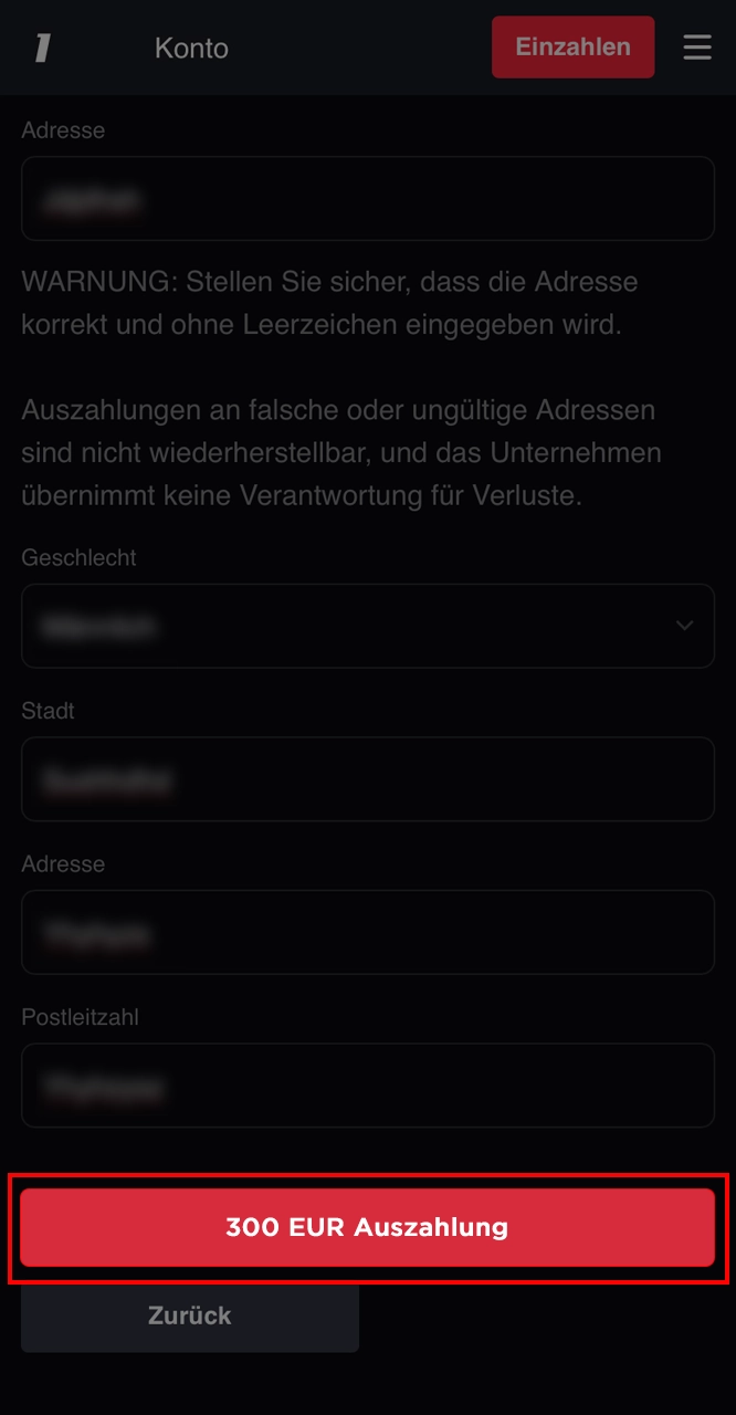 Bestätigen Sie die Auszahlung von Gewinnen an 1Red.