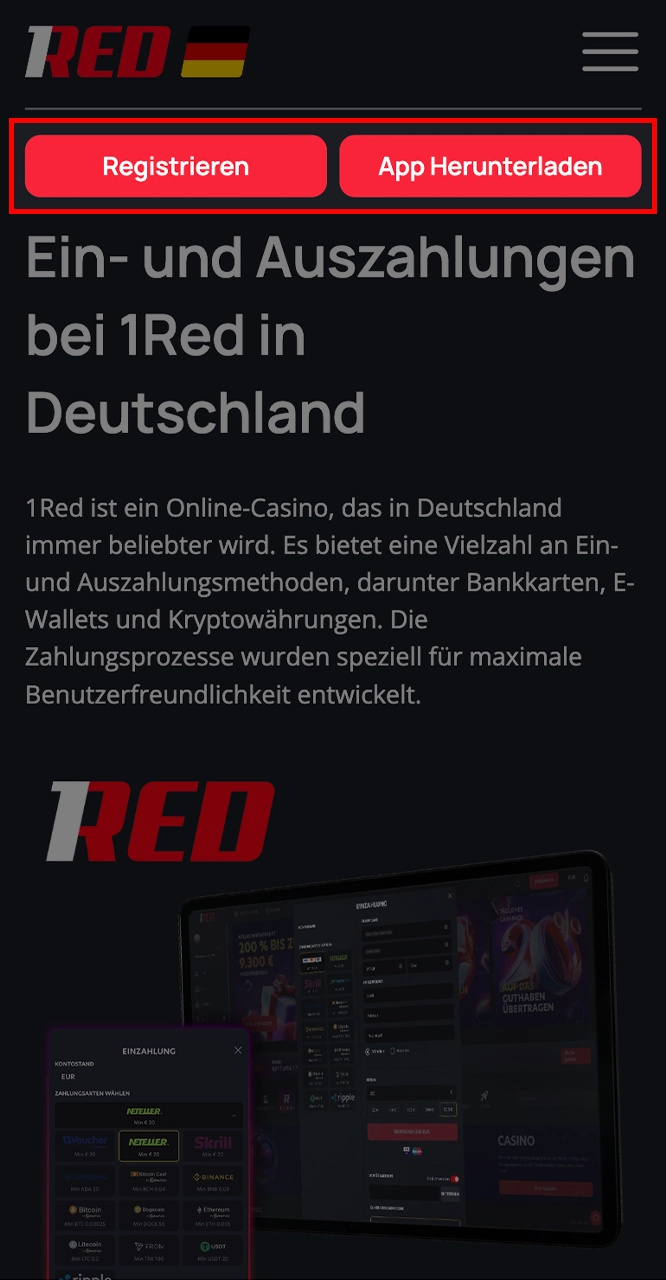 Erstellen Sie Ihr persönliches 1Red-Konto oder melden Sie sich an.