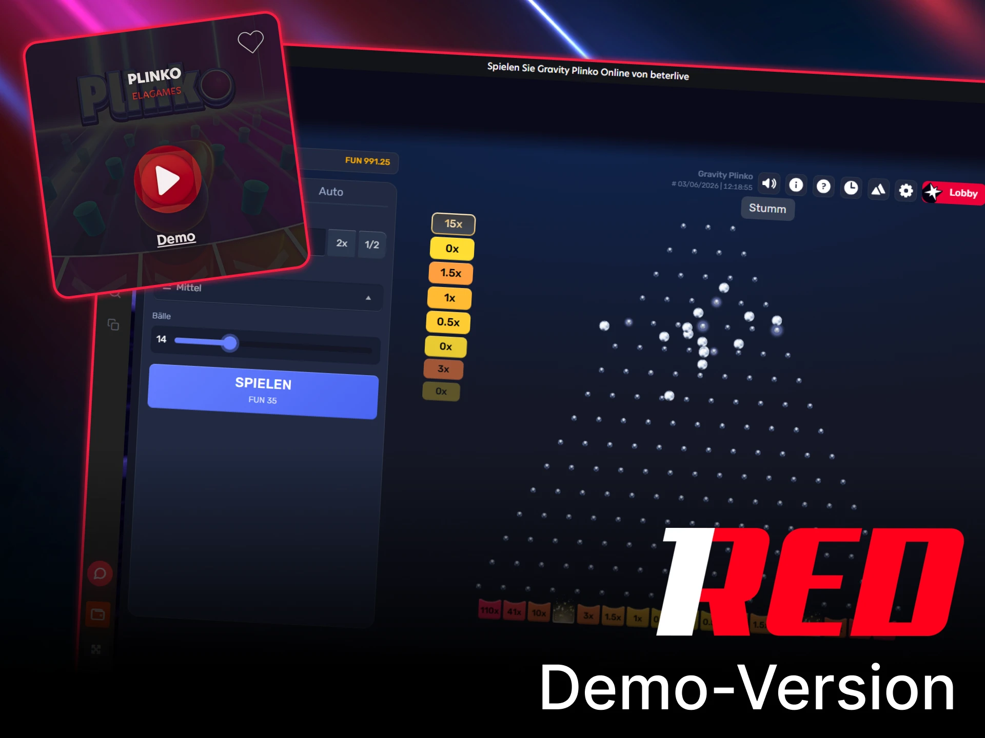 Testen Sie die kostenlose Plinko demo-version bei 1Red und spielen Sie ohne Risiko.