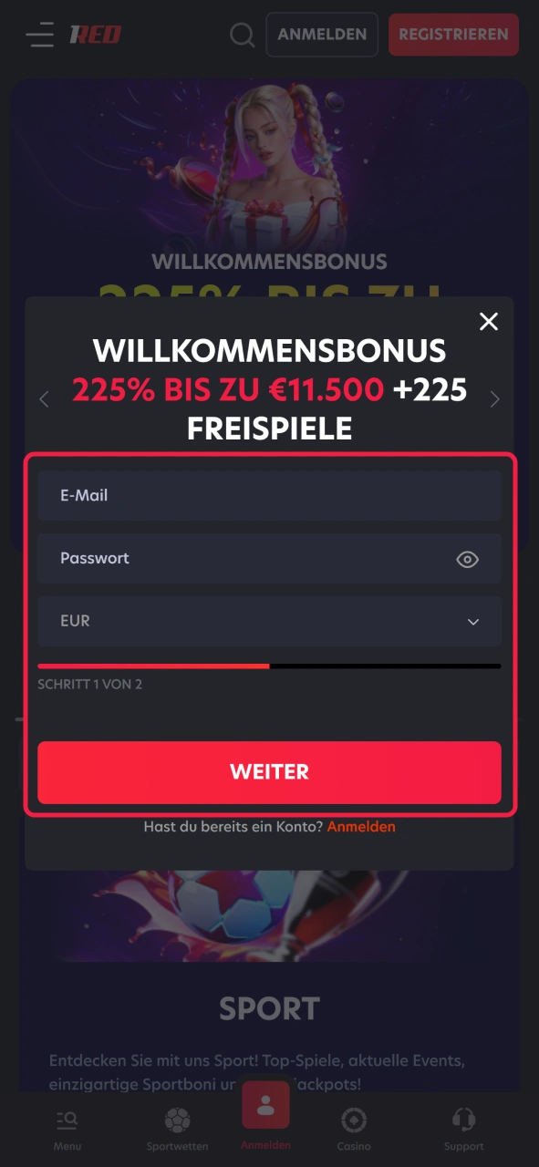 Erstelle ein Konto bei 1Red um mit dem Spielen von Plinko zu beginnen.
